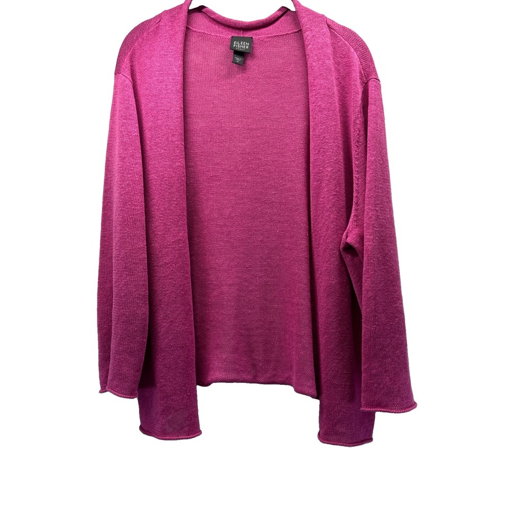 Eileen Fisher Women's Cardigan Sweater Size 1X Linen Solid Pink 3/4 Sleeves Open